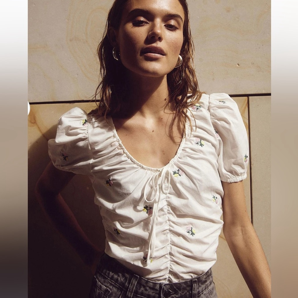 Noella Samantha Blouse top off White Floral Puff Sleeve embroidered